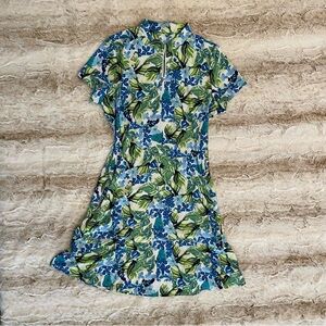 Tail golf dress short sleeve zip mock neck white blue and green floral print